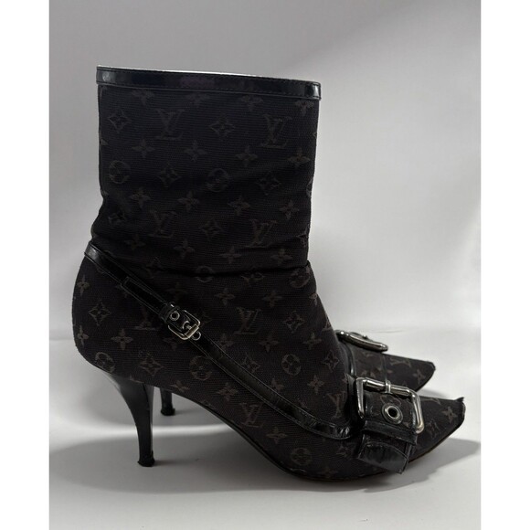 Louis Vuitton Black Canvas Monogram Boots Stiletto Heel Silver Buckle 36 6 Y2K - Picture 1 of 13